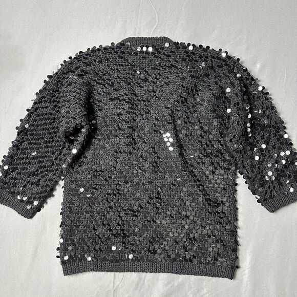 Vintage Windsor Sweater Women Medium Black Wool Cardigan Hand Decorated Sequin - Picture 2 of 9